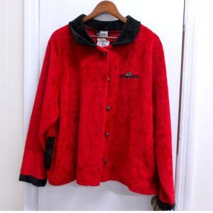 Artisans Red Fleece Button Up Shirt Jacket Women's XL Palm Tree Embroidery/#2635